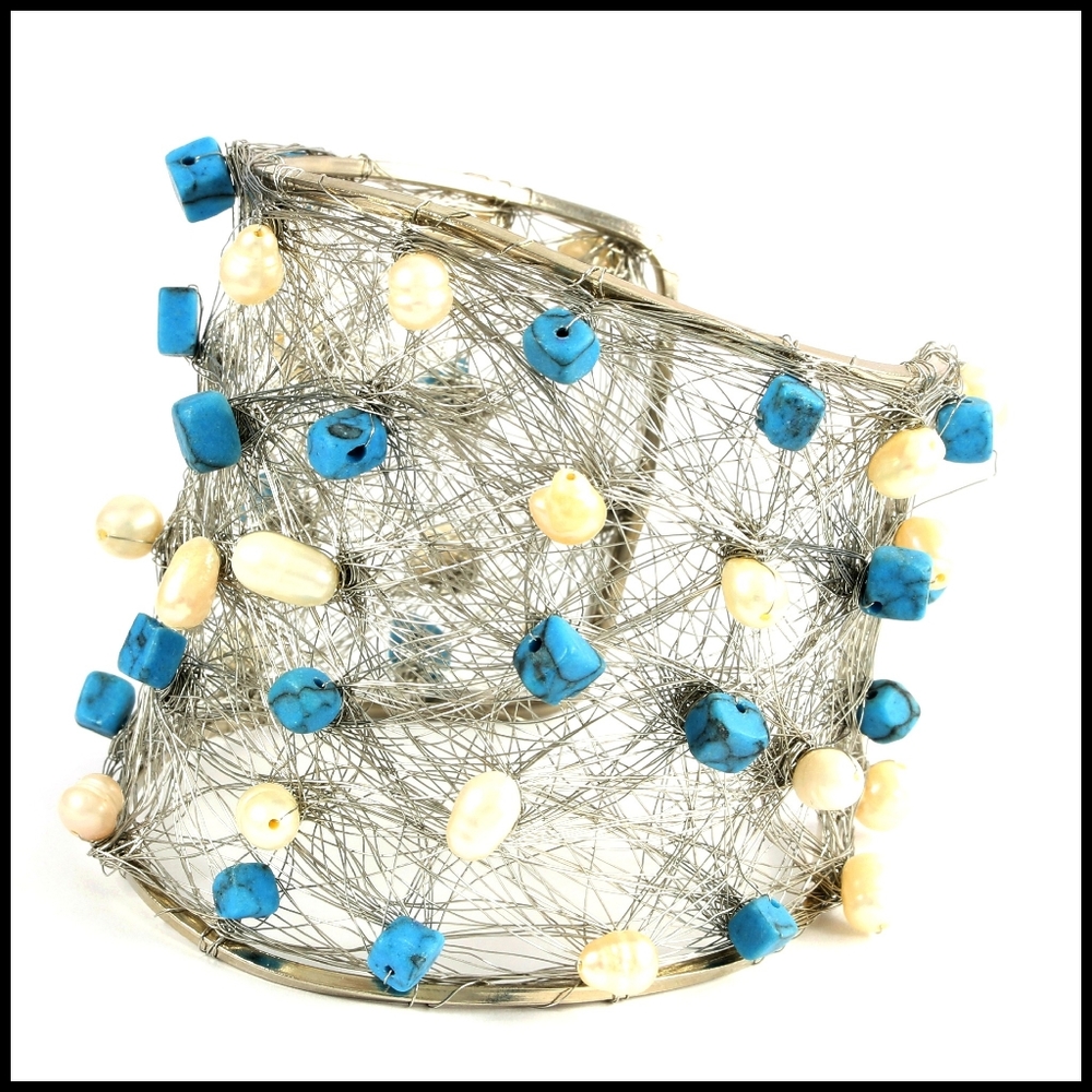 Nina Nguyen Wire Cuff Genuine Turquoise & Pearl. - Picture 4 of 10